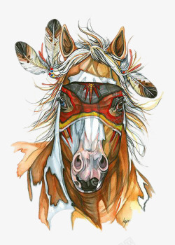 手绘雄马印第安风格带羽毛的马高清图片