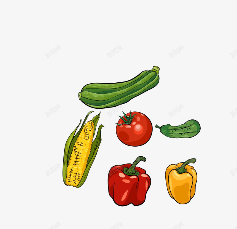 玉米西红柿png免抠素材_新图网 https://ixintu.com 卡通 手绘 玉米 红色 绿色 西红柿 辣椒 黄色
