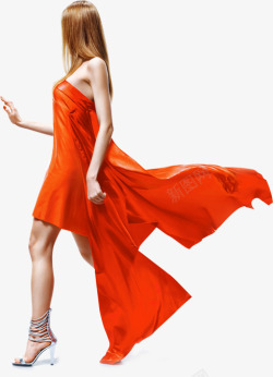 真人美女行走摄影人物橙色裙子的美女高清图片