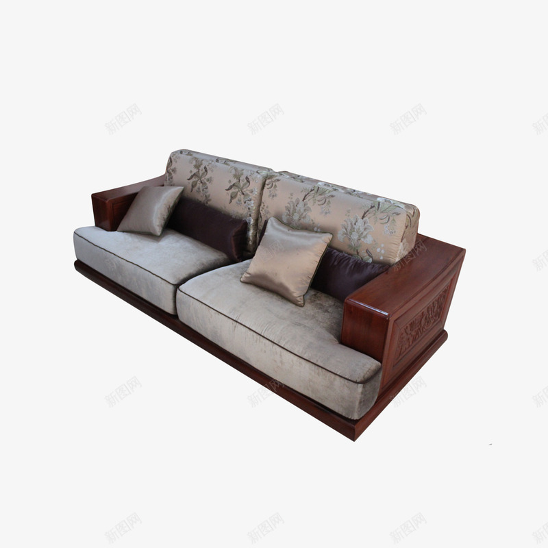 实物新中式客厅沙发png免抠素材_新图网 https://ixintu.com 客厅沙发 新中式沙发 木质沙发 深色色调 简单风格