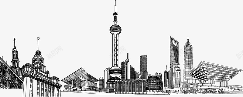 手绘上海地标建筑png免抠素材_新图网 https://ixintu.com 上海 地标 城市现代上海 建筑 手绘 黑白