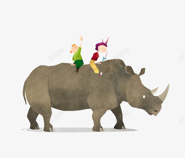 骑在犀牛背上的孩子png免抠素材_新图网 https://ixintu.com 创意设计 卡片封面 手绘插画