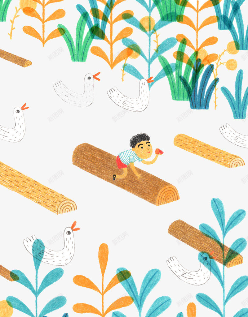 坐在木头上的男孩psd免抠素材_新图网 https://ixintu.com 创意设计 卡片封面 手绘插画