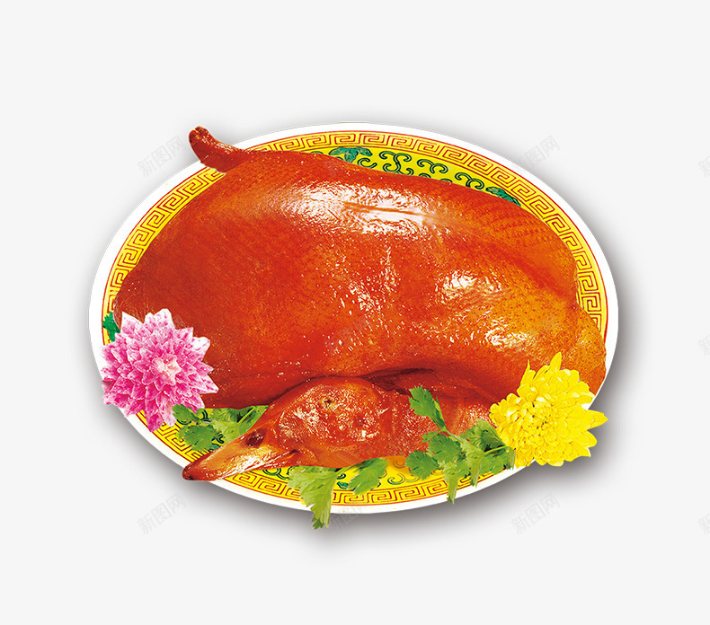 盘子上的烤鸭和花png免抠素材_新图网 https://ixintu.com 中式 烧鸭 菊花