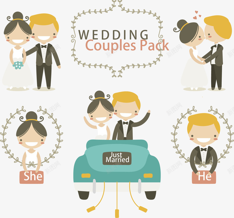 卡通婚礼效果图png免抠素材_新图网 https://ixintu.com 卡通 婚礼 婚车 新娘 新郎