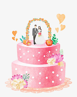 新人蛋糕手绘粉色圆点蛋糕集体婚礼高清图片