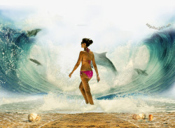 海滩美女海滩分水创意海报高清图片