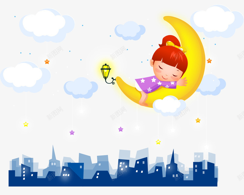 抱着月亮安睡的小女孩插画png免抠素材_新图网 https://ixintu.com 云朵 城市剪影 女孩 月亮
