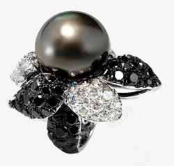 黑钻镶珍珠花朵戒指实物促销素材