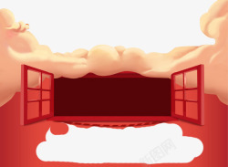 红色窗户和云朵素材