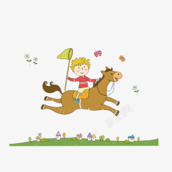 小孩骑马骑马追赶蝴蝶高清图片
