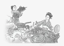 柴火灶台古代美女做饭图高清图片