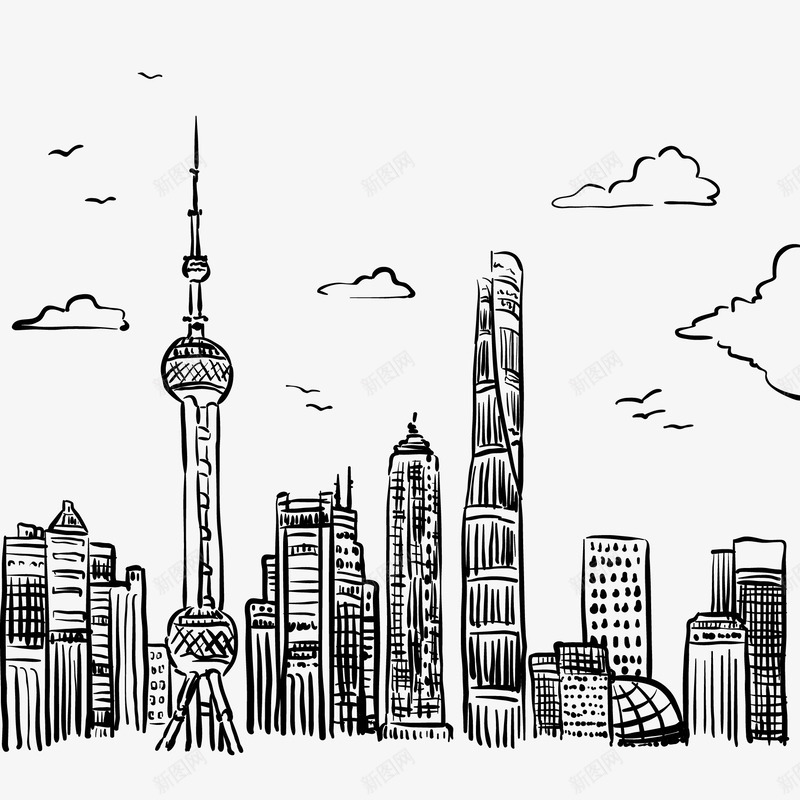 手绘上海市png免抠素材_新图网 https://ixintu.com 上海市 云 城市 城市现代上海 大楼 建筑 手绘