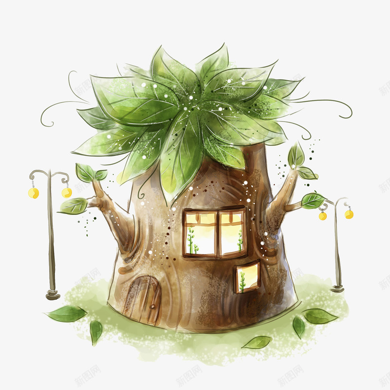 梦幻树木房子png免抠素材_新图网 https://ixintu.com png图片 房子 树木 梦幻 灯光 窗子 门