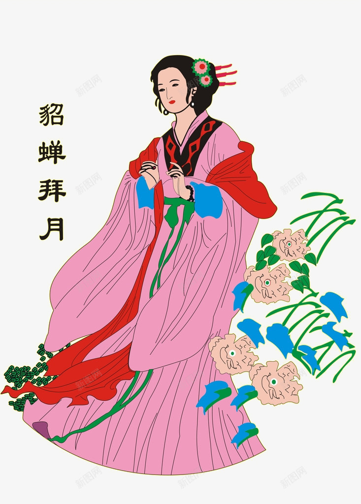 貂蝉拜月png免抠素材_新图网 https://ixintu.com 人物画 古代四大美女 四大美人 手绘 拜月 美女 貂蝉