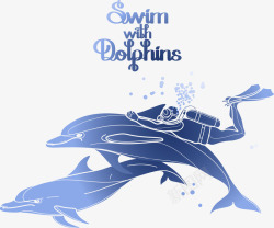手绘的潜水员海豚和潜水员矢量图高清图片