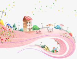 粉色浪漫插画童话道路房屋建筑素材