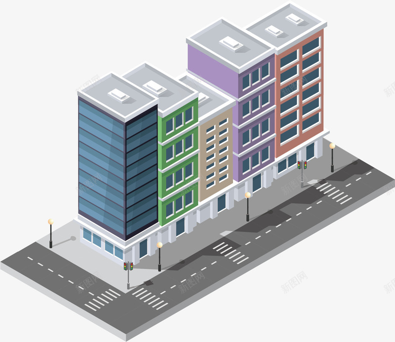 美丽的街道矢量图ai免抠素材_新图网 https://ixintu.com 五颜六色 建筑物 道路 雄伟 马路 高楼大厦 矢量图