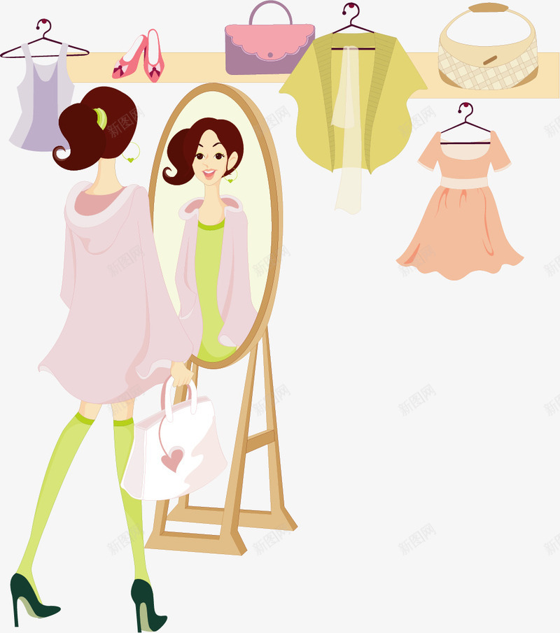 手绘照镜子的美女png免抠素材_新图网 https://ixintu.com 手绘 打扮 照镜子 照镜子女生 美女