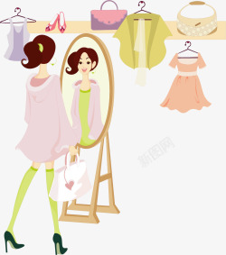照镜子的美女手绘照镜子的美女高清图片