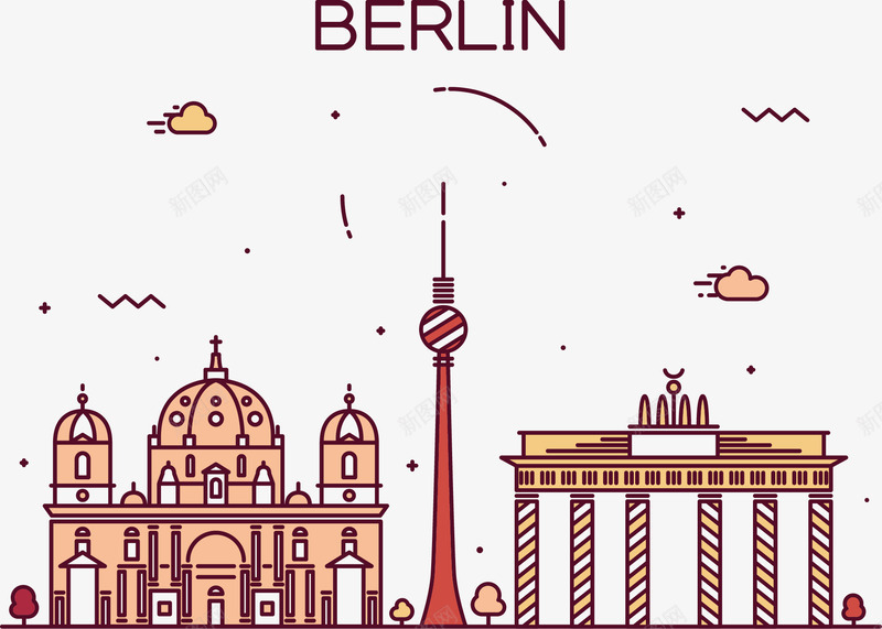 柏林街景png免抠素材_新图网 https://ixintu.com 城堡 建筑 手绘 条纹 柱子树木 窗户 红色