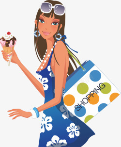 女生拎购物袋吃冰淇淋的美女高清图片