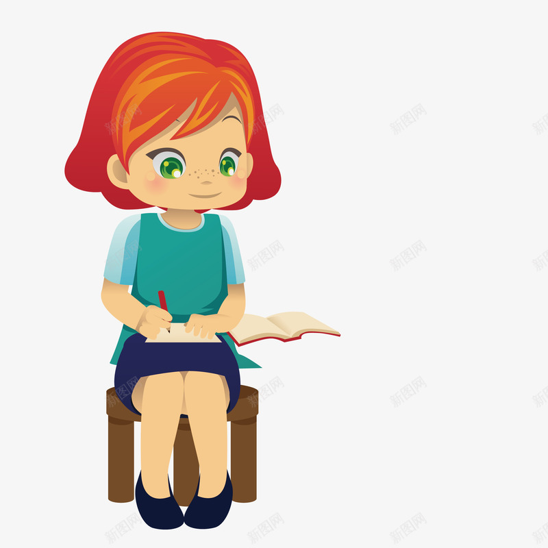 坐在板凳上写字的小女孩png免抠素材_新图网 https://ixintu.com 书籍 人物 免抠图 小女孩 效果图 装饰图 装饰画