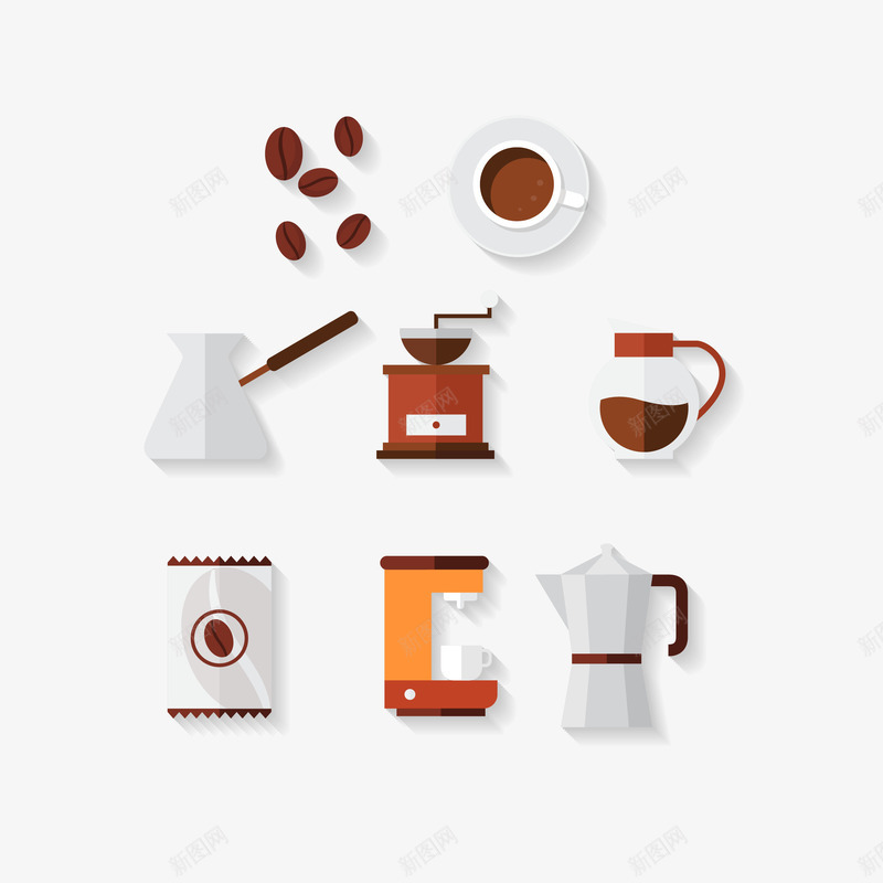 扁平化咖啡器具图标矢量图ai_新图网 https://ixintu.com 咖啡 咖啡包装 咖啡器具 咖啡壶 咖啡机 咖啡杯 咖啡豆 土耳其咖啡壶 扁平化 手冲壶 手摇魔豆机 摩卡壶 矢量图 简约