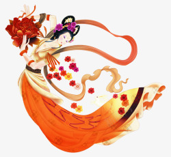 中秋节手绘红色美女红花素材
