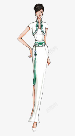 女皮鞋模特白绿色旗袍女高清图片