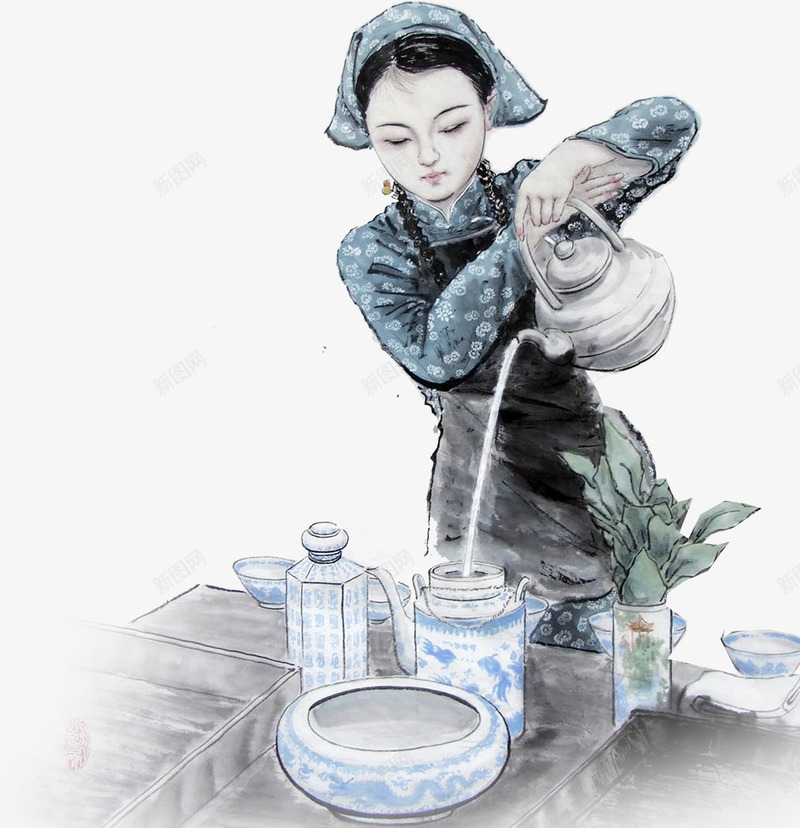 古典倒茶美女png免抠素材_新图网 https://ixintu.com 倒茶 倾倒茶水 古典 瓷器 美女