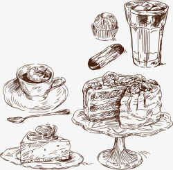 复古线描鸟类手绘线描咖啡蛋糕高清图片