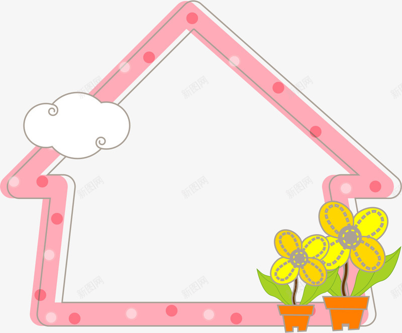 粉色房屋边框png免抠素材_新图网 https://ixintu.com AI 卡通 圆点 房屋 手绘 粉色 花朵 边框