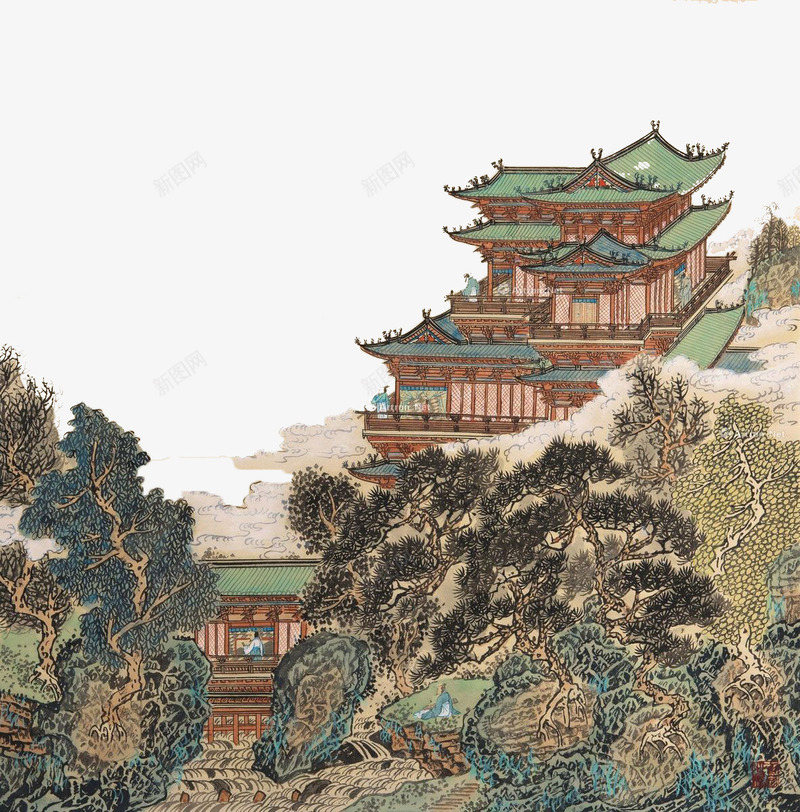 绢本设色滕王阁国画png免抠素材_新图网 https://ixintu.com 中国风格 亭阁 国画 建筑特色 滕王阁 艺术特色 设色