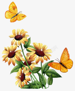 手绘创意合成效果黄色的花卉植物蝴蝶素材