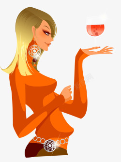 拿酒杯女人喝红酒的卡通美女人物高清图片