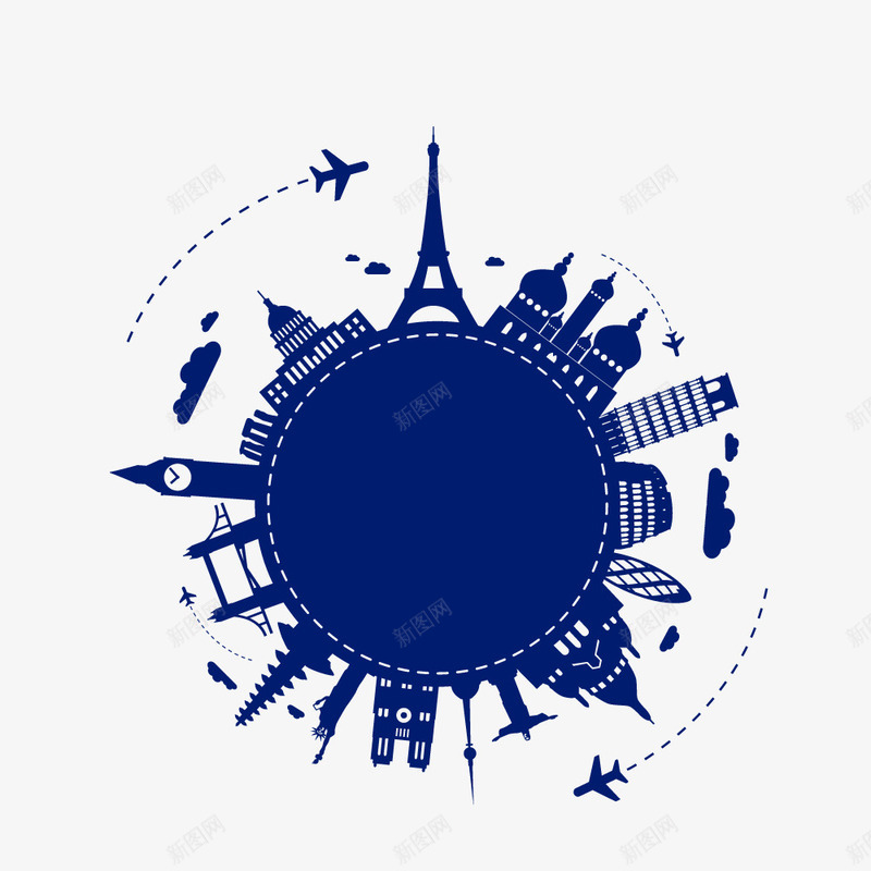 蓝色创意城市背景插图png免抠素材_新图网 https://ixintu.com 云朵 创意 地球 城市 建筑 手绘 蓝色 飞机