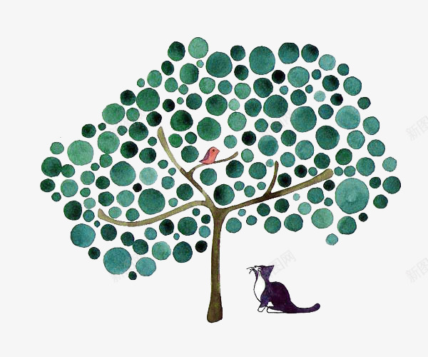 猫与树png免抠素材_新图网 https://ixintu.com 圆点 大树 小猫 手绘 树叶 植物 清新 黑猫
