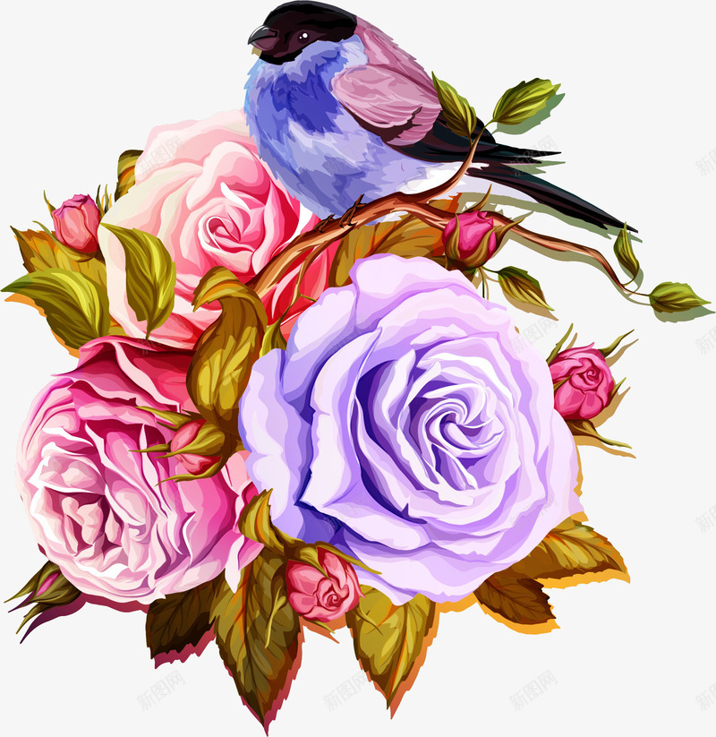 手绘花朵上的小鸟png免抠素材_新图网 https://ixintu.com 卡通花朵 小鸟 手绘花朵 效果图 植物 花朵