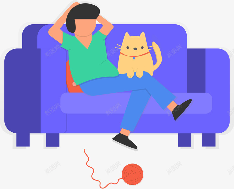 坐在沙发上的卡通人物png免抠素材_新图网 https://ixintu.com 人物 卡通人物 宠物 效果图 沙发 猫咪 线团