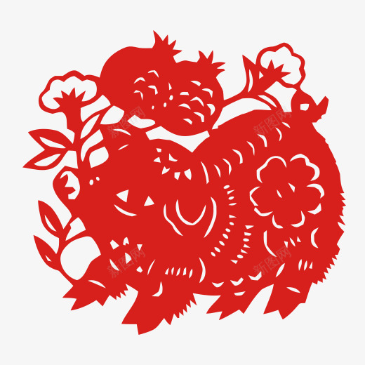 红色创意小猪剪纸元素psd免抠素材_新图网 https://ixintu.com 创意 剪纸 喜庆 小猪 扁平化 植物 红色 纹理 花朵