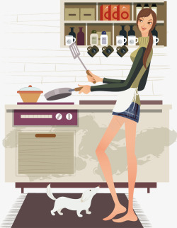 时尚厨房设计厨房中炒菜的时尚女人矢量图高清图片