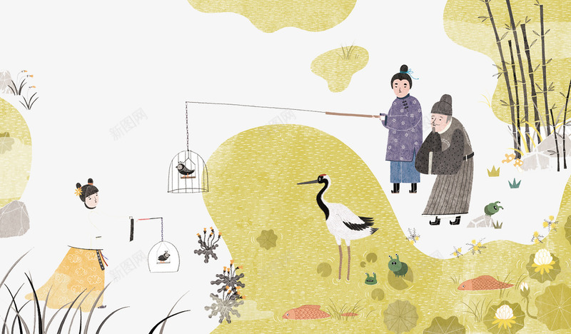 在河边遛鸟的古代人png免抠素材_新图网 https://ixintu.com 创意设计 卡片封面 手绘插画