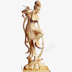 吹笛美女木雕人物高清图片