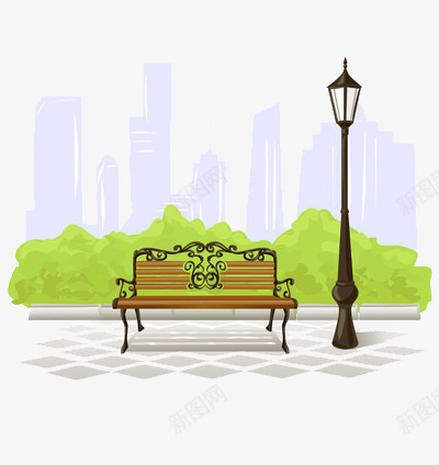 卡通城市休息凳子png免抠素材_新图网 https://ixintu.com 公园 路灯 长凳