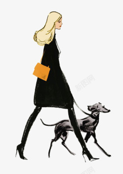 女人面试手绘插画遛狗的女人高清图片