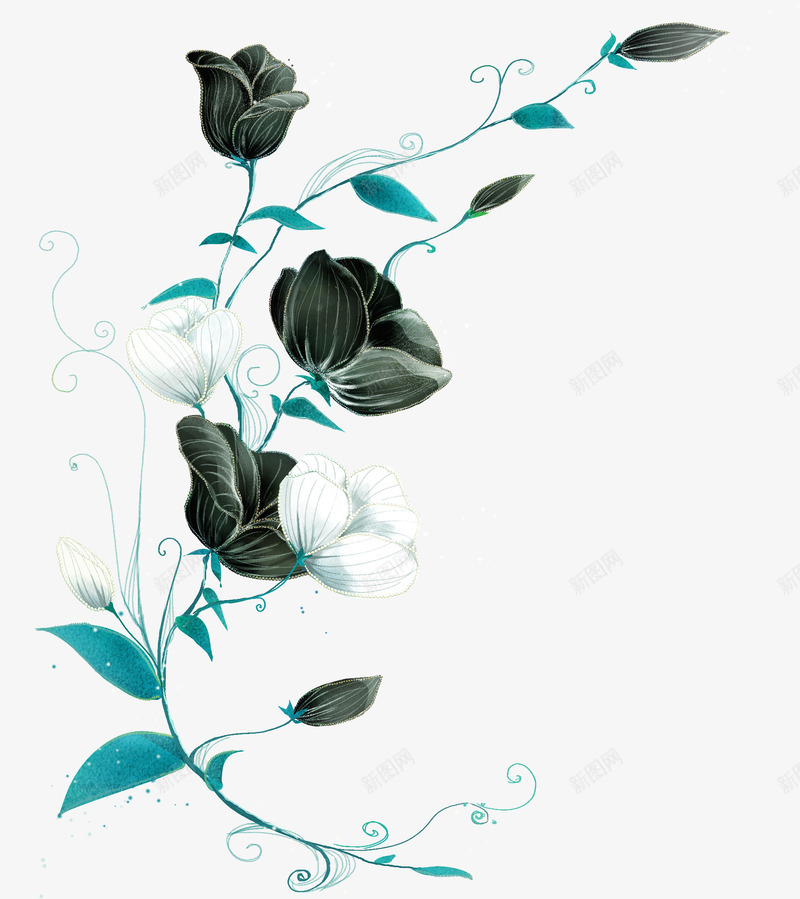 手绘梦幻蓝色植物黑色花朵png免抠素材_新图网 https://ixintu.com 梦幻 植物 花朵 蓝色 黑色
