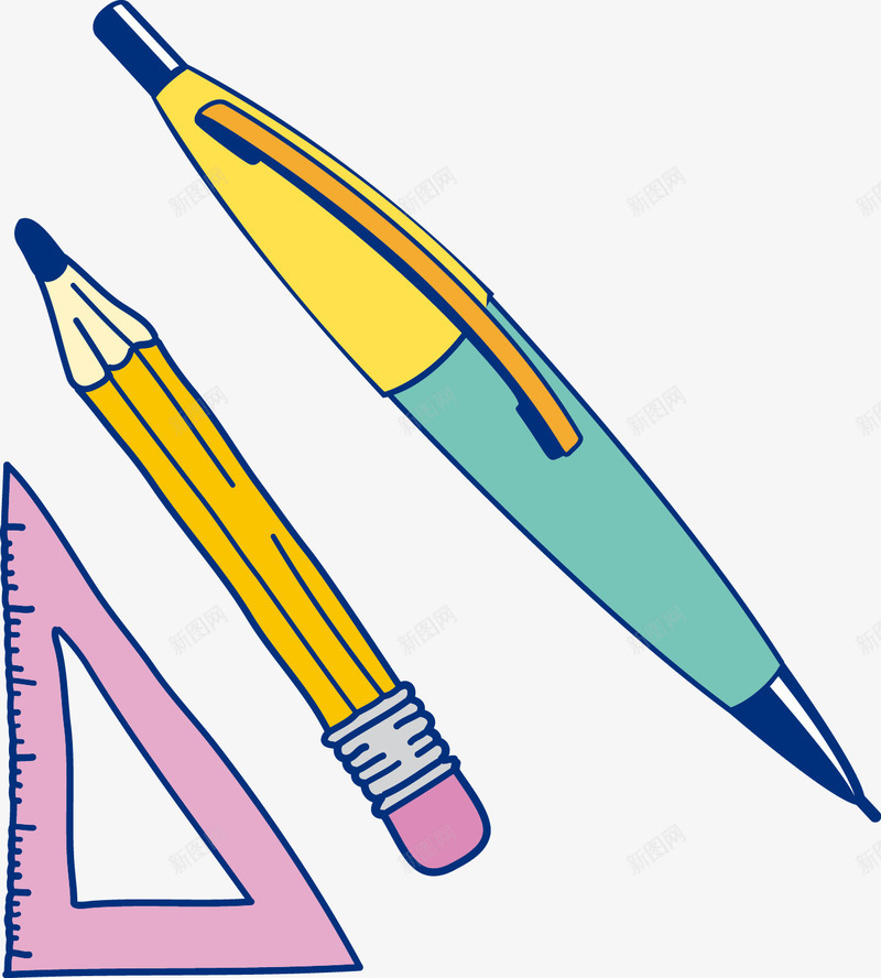 钢笔铅笔png免抠素材_新图网 https://ixintu.com 三角尺 卡通 学习用具 手绘 简图 钢笔 铅笔