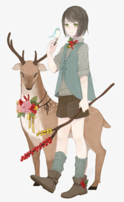 梦幻手绘女孩和鹿素材