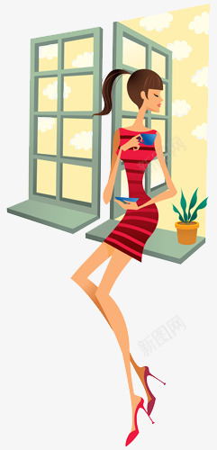 美女在窗户喝茶png免抠素材_新图网 https://ixintu.com 插画 时尚美女 盆栽 窗户 绘画
